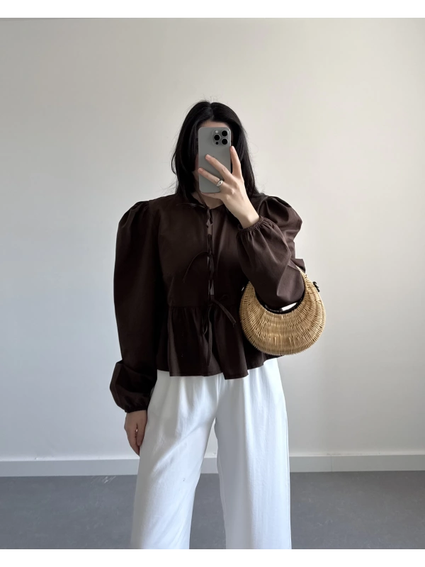 JADİ KAHVERENGİ POPLİN BALON KOL BLUZ