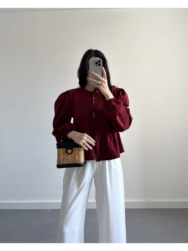 JADİ BORDO POPLİN BALON KOL BLUZ