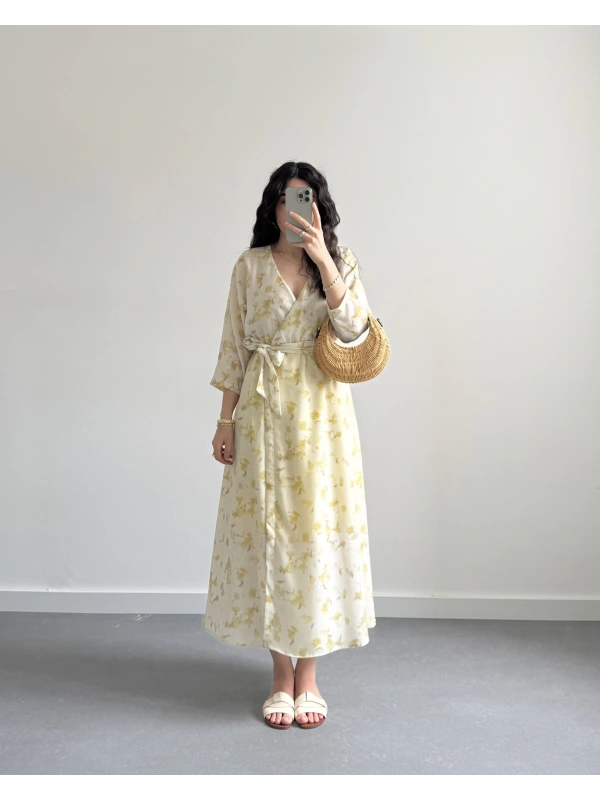 JUNO SARI ÇİÇEKLİ KRUVAZE YAKA ELBİSE