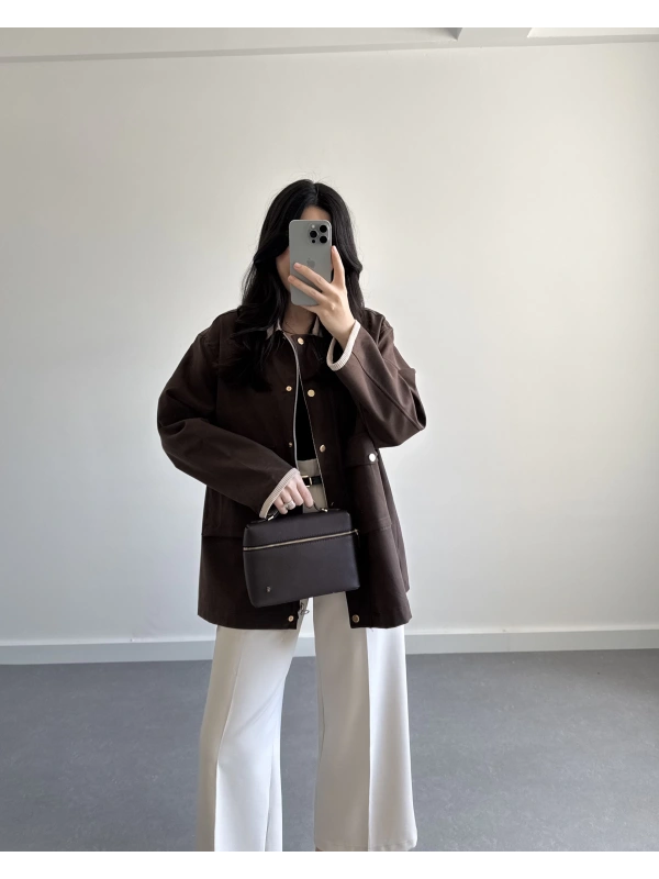 KADİFE YAKALI VİSKON CEKET KAHVE