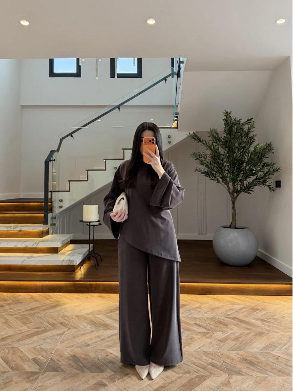 KAHVE ASİMETRİK BAĞCIKLI BLUZ TAKIM -9203