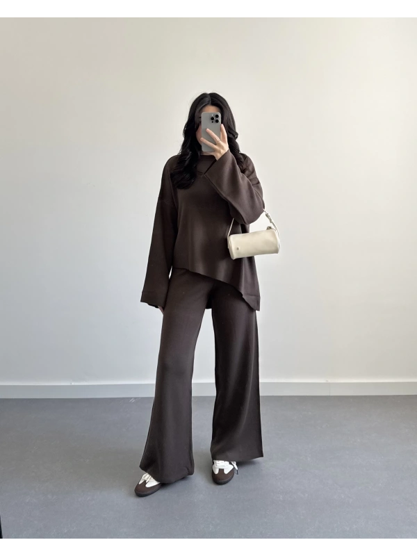 KAHVE ASİMETRİK KESİM TRİKO TAKIM