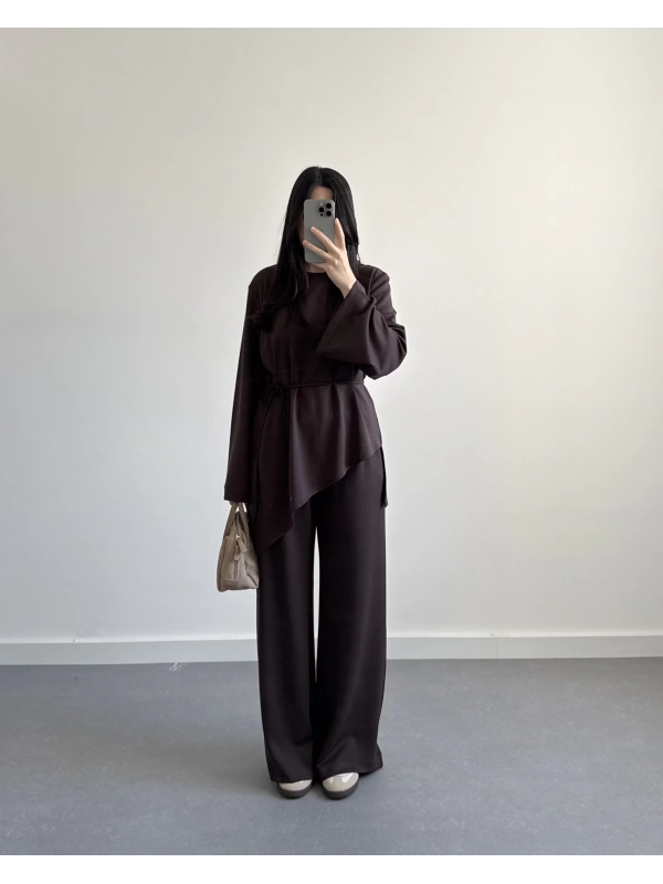 KAHVE ASİMETRİK KESİM UZUN KOL TAKIM