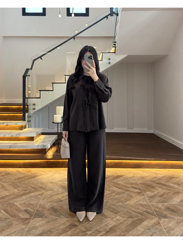 KAHVE BAĞLAMALI GÖMLEK TAKIM -8949