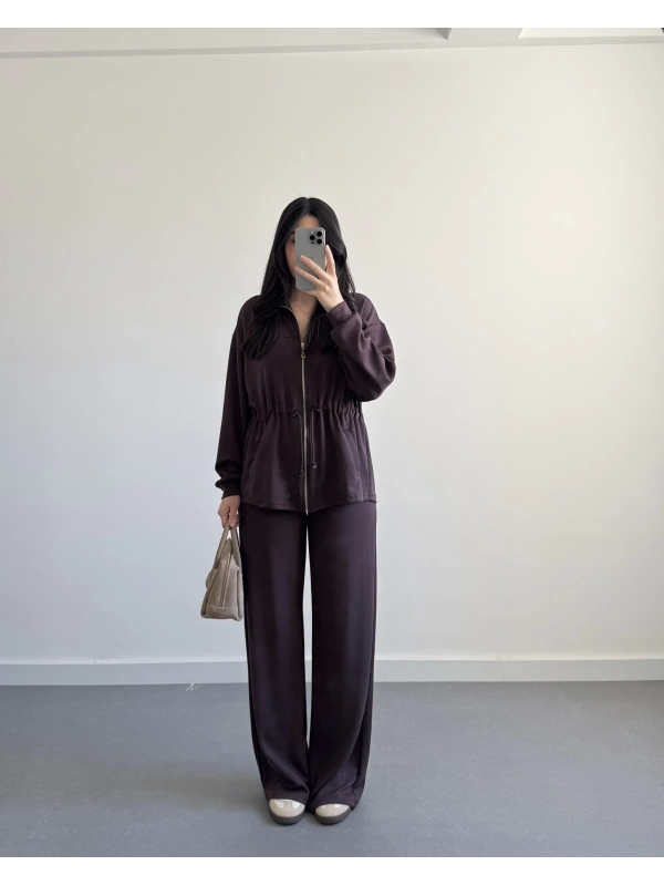 KAHVE BELİ BÜZGÜ İPLİ MODAL TAKIM