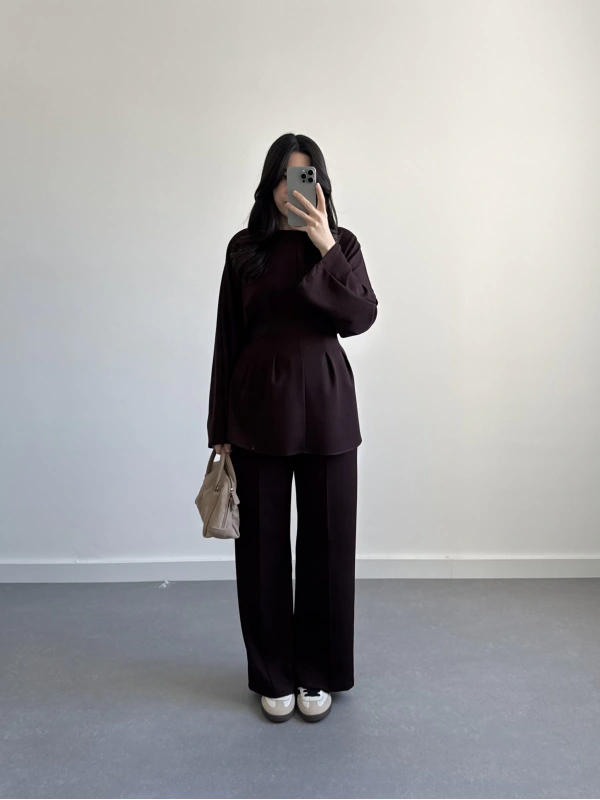 KAHVE BELİ KUŞAKLI PİLELİ MODAL TAKIM