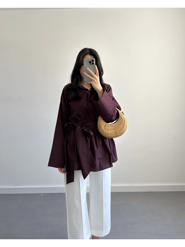 BORDO BELİ KUŞAKLI POPLİN GÖMLEK