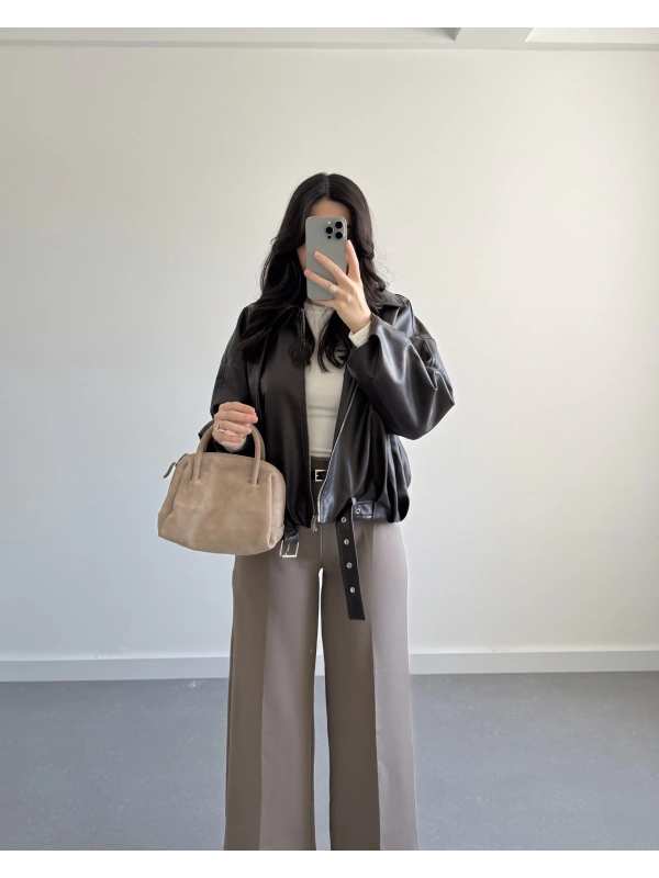 KAHVE BOMBER DERİ CEKET