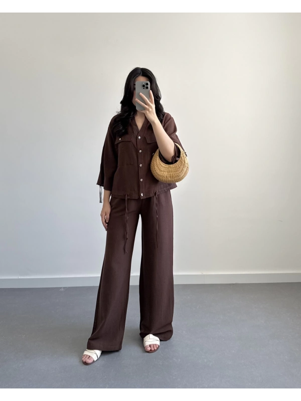 KAHVE BÜZGÜLÜ KETEN GÖMLEK TAKIM