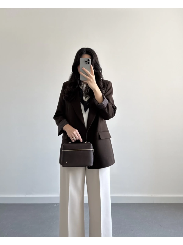 KAHVE ÇİZGİ DETAYLI BLAZER CEKET