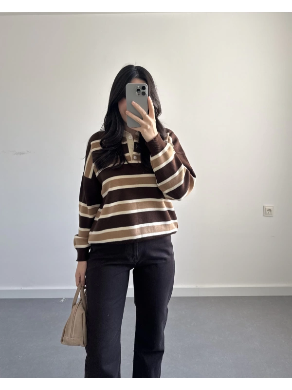 KAHVE ÇİZGİLİ KAZAK