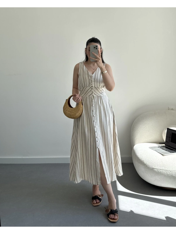 Kahve Çizgili Keten Elbise