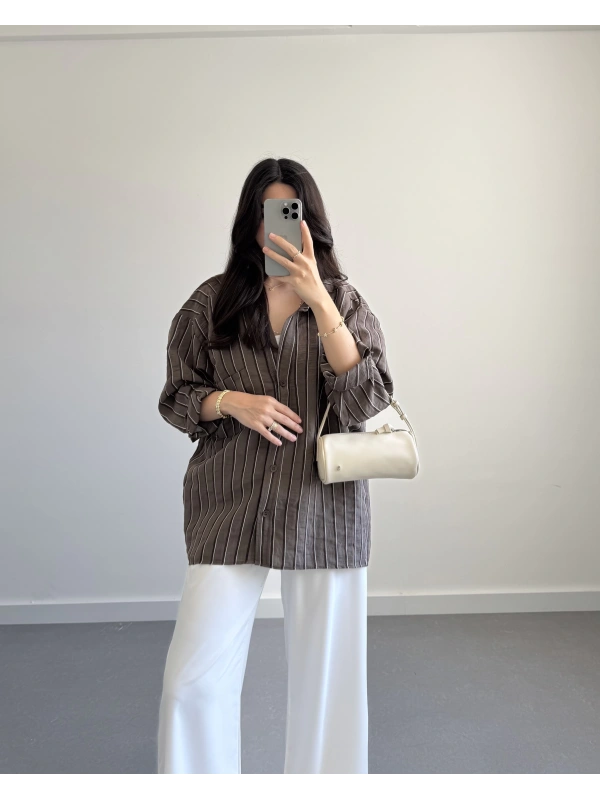 KAHVE ÇİZGİLİ PREMİUM TENSEL GÖMLEK