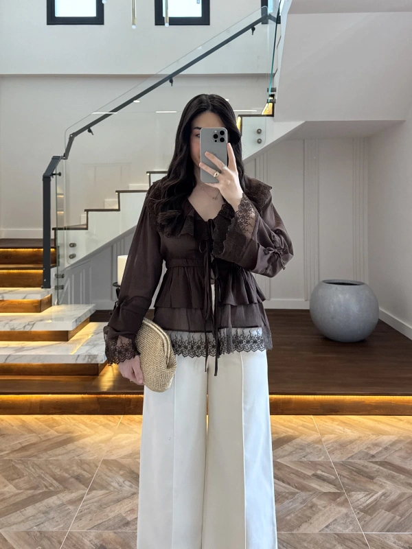 KAHVE DANTEL ŞERİT BLUZ - 5519