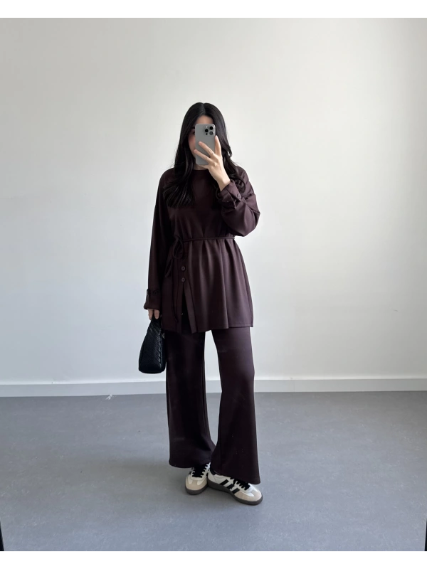 KAHVE DÜĞME DETAYLI MODAL TAKIM