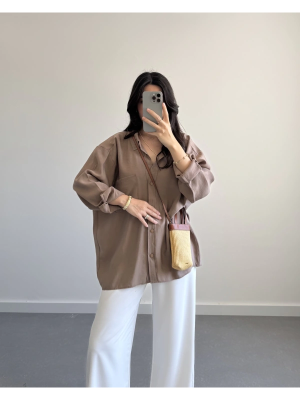 KAHVE DÜŞÜK OMUZLU GÖMLEK