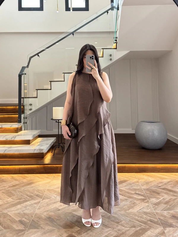 KAHVE FIRFIRLI UZUN ELBİSE-3450