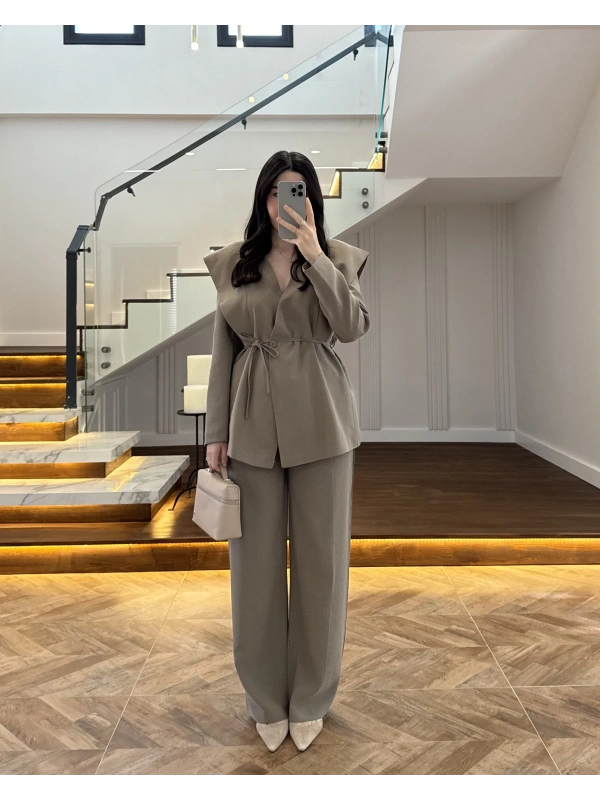 HAKİ FLAP OMUZ DETAYLI CEKET TAKIM- 9035