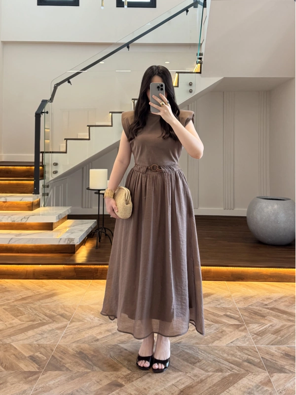 KAHVE GARNİLİ VATKALI ELBİSE -0103