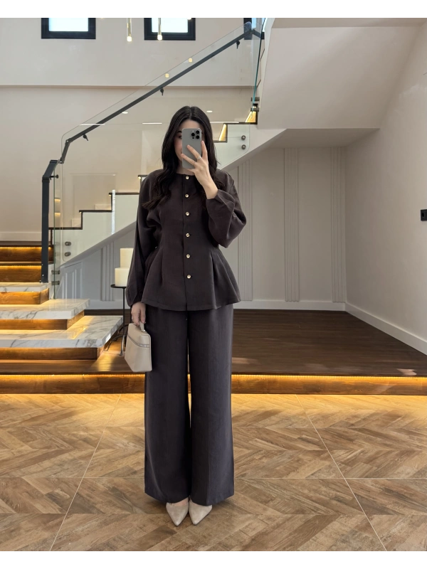 KAHVE GOLD DÜĞMELİ PİLELİ TAKIM -8930