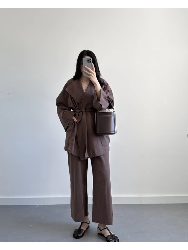 KAHVE HAM KETEN KİMONO İKİLİ TAKIM