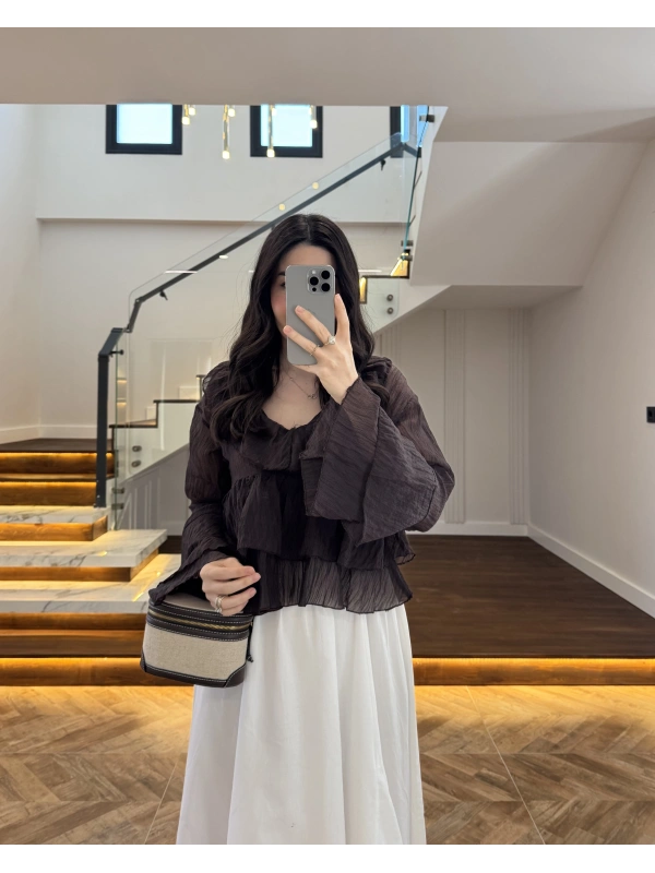 KAHVE KAT KAT DETAY BLUZ-1060