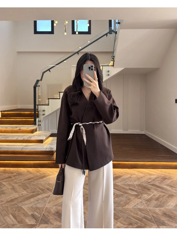 KAHVE KEMERLİ CEKET -7673