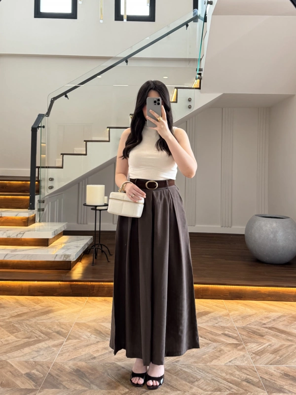 KAHVE KEMERLİ ETEKLİ PANTOLON-51354