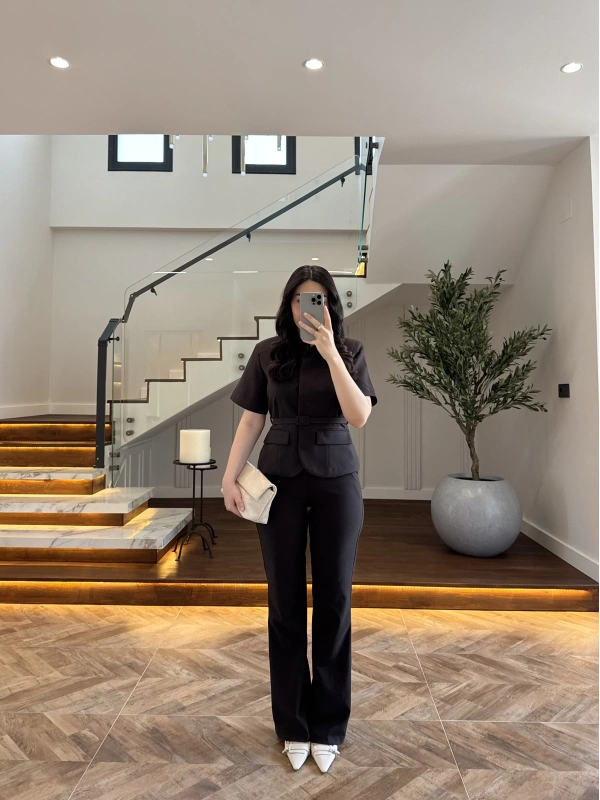 KAHVE KEMERLİ İSPANYOL PAÇA PANTOLON TAKIM -9214