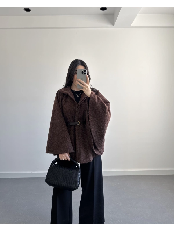 KAHVE KEMERLİ KAŞE PANÇO