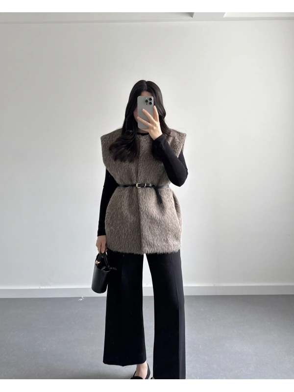 KAHVE KEMERLİ PELUŞ YELEK