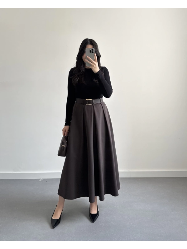 KAHVE KEMERLİ POLİVİSKON ETEK