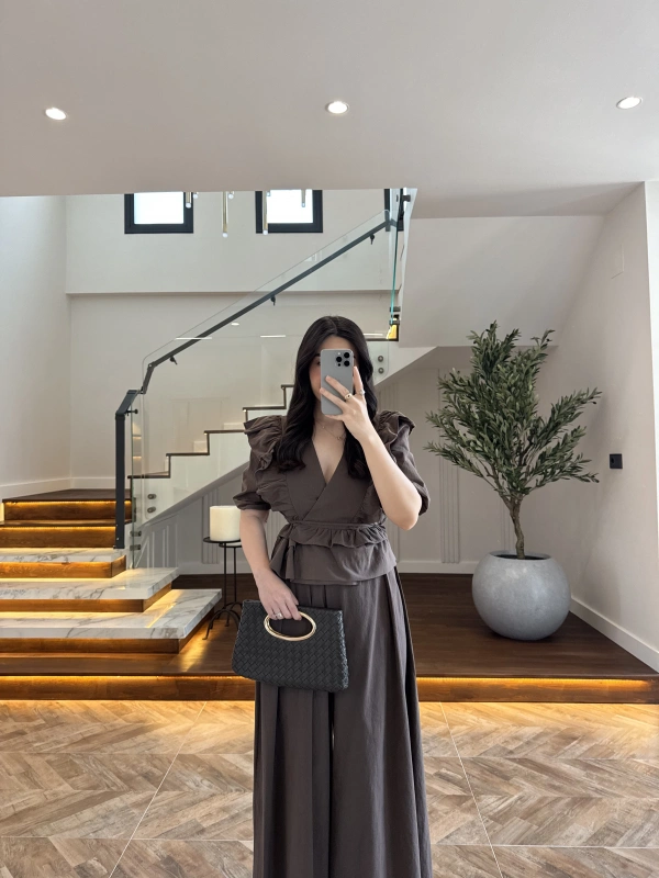 KAHVE KETEN FIRFIR DETAY BLUZ -5507