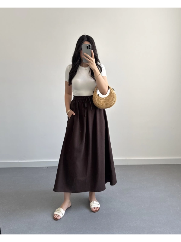 KAHVE KETEN MİDİ BOY ETEK