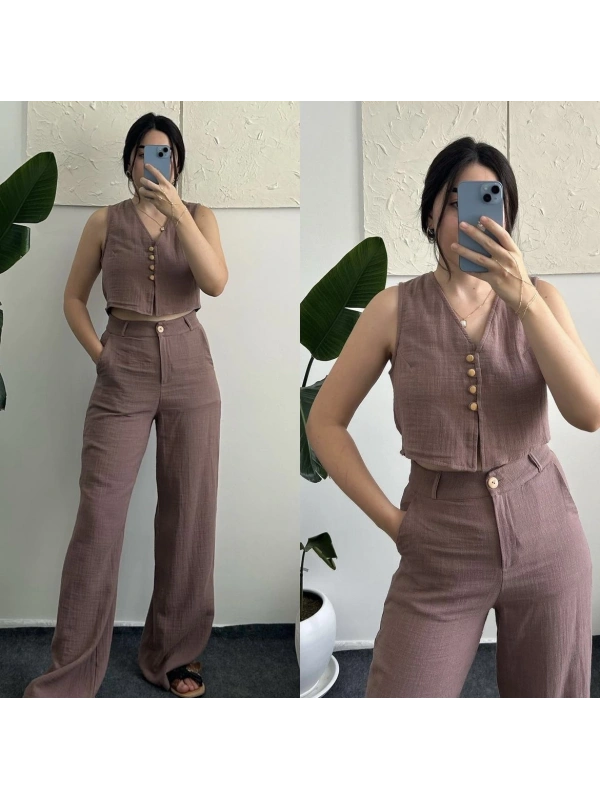 Kahve keten yelek takım