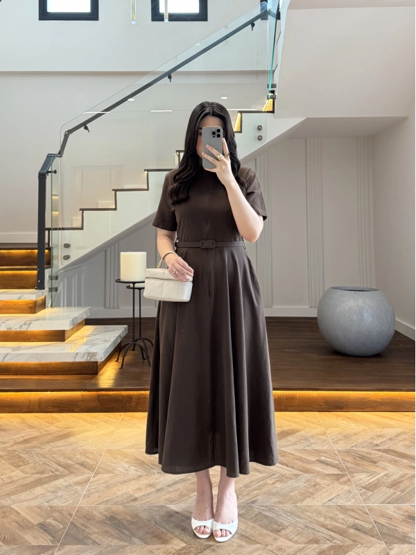 KAHVE KISA KOL KETEN ELBİSE -2402