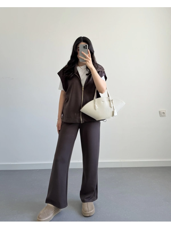 KAHVE MODAL TASARIM YELEKLİ TAKIM