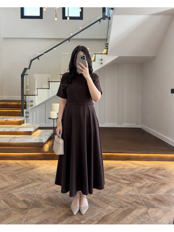 KAHVE ÖNÜ FERMUARLI ELBİSE -2341