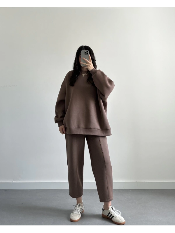 KAHVE OVERSİZE 3 İPLİK İKİLİ TAKIM