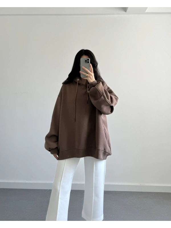 KAHVE OVERSİZE CEPLİ SWEATSHİRT