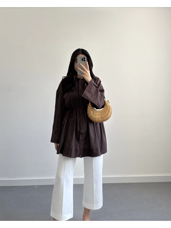 KAHVE PAMUK VUAL KUŞAKLI GÖMLEK