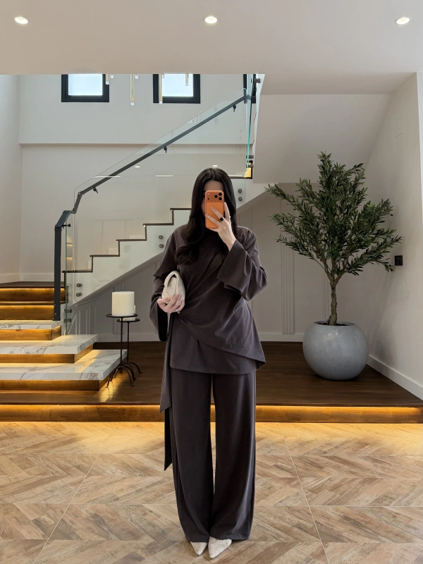 KAHVE PARÇALI TASARIM BLUZ PANT TAKIM-9257
