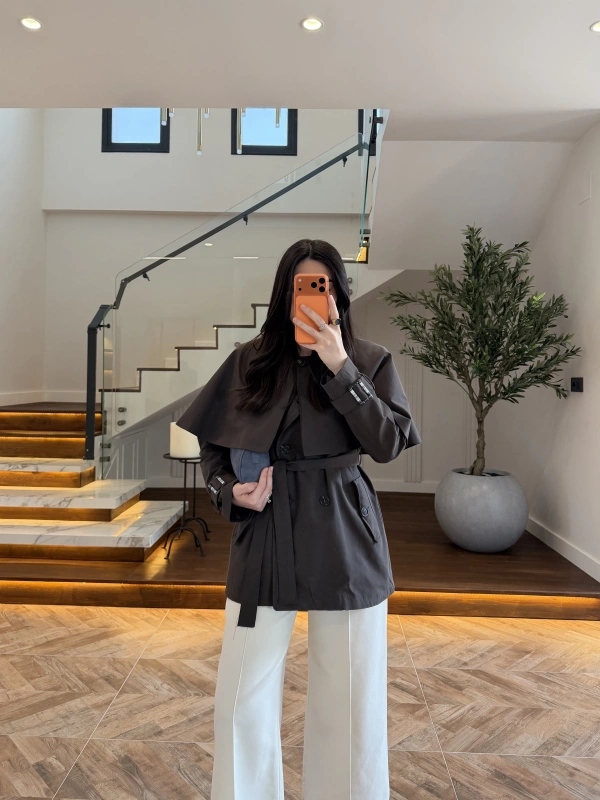 KAHVE PELERİN DETAY TRENCH -7764