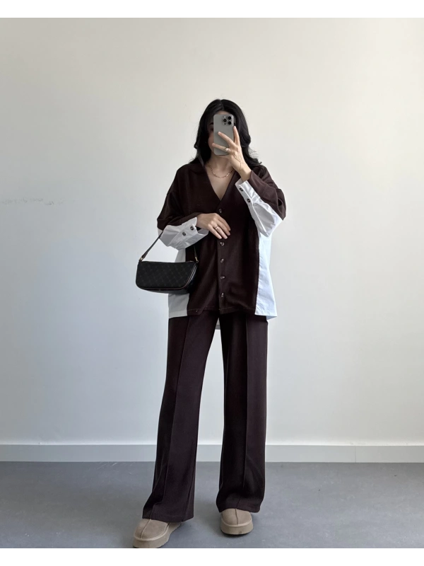 KAHVE POPLİN DETAYLI TRİKO TAKIM