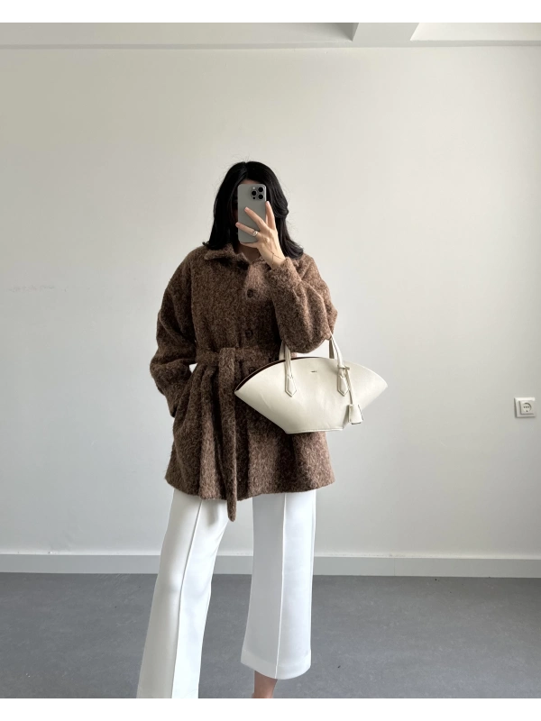 KAHVE SAKALLI KAŞE BAĞLAMALI CEKET