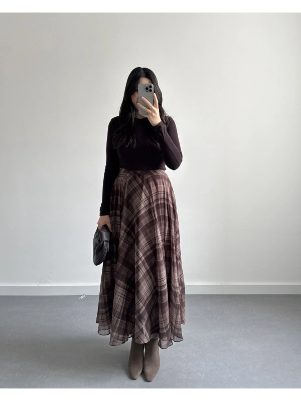 KAHVE ŞİFON EKOSE DESEN KLOŞ ETEK