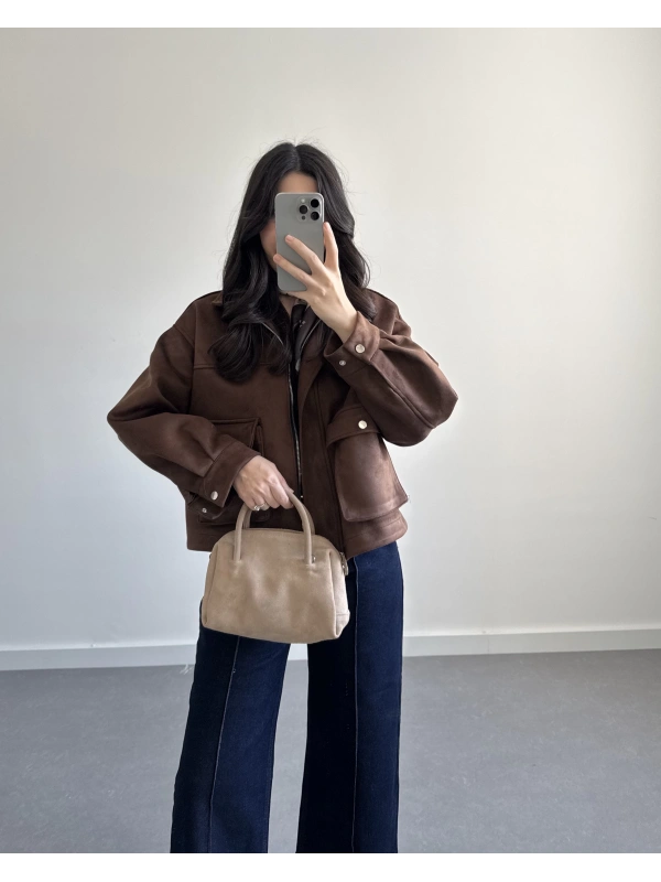 KAHVE SÜET ÖNÜ CEPLİ BOMBER CEKET