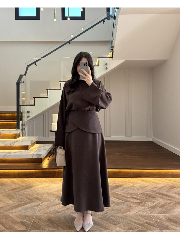 KAHVE TASARIM ETEK BLUZ TAKIM -9034