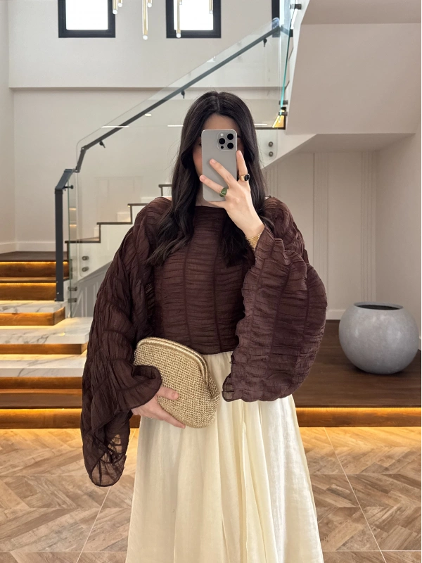KAHVE TENSEL DRAPE BLUZ-D31096