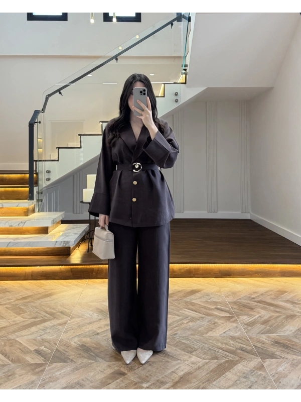 KAHVE TOKA DETAYLI TUNİK TAKIM -8927